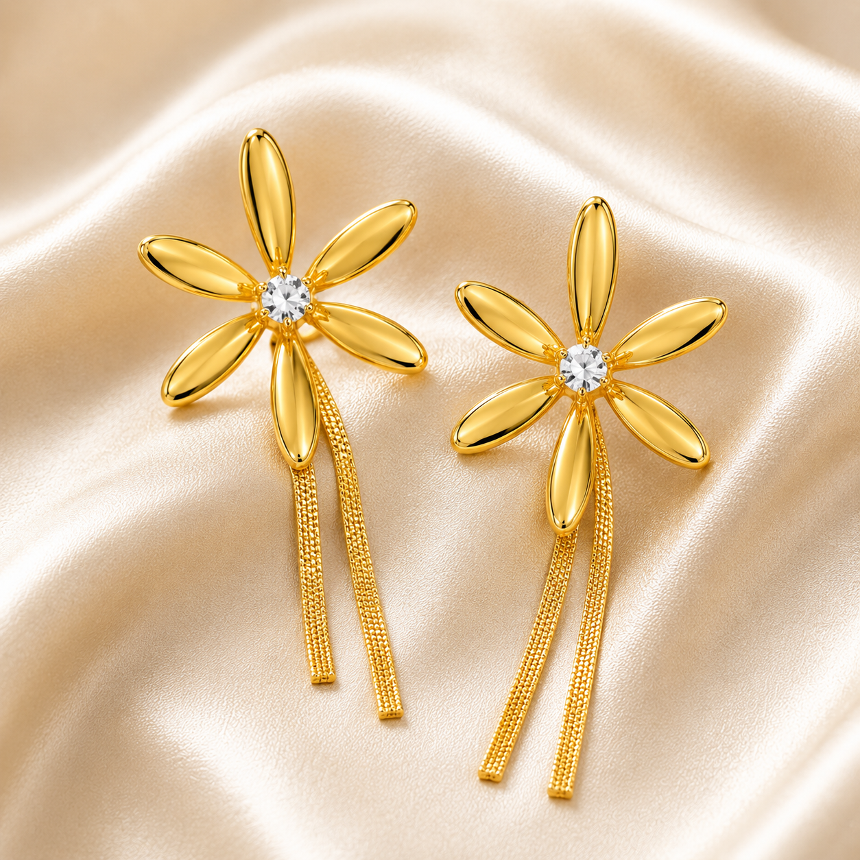 Aeza Anti Tarnish Gold Plated Flower Tassel Earrings for Women | Stainless Steel Floral Dangle Earrings | Crystal Drop Earrings | Lightweight Fashion Jewelry for Girls