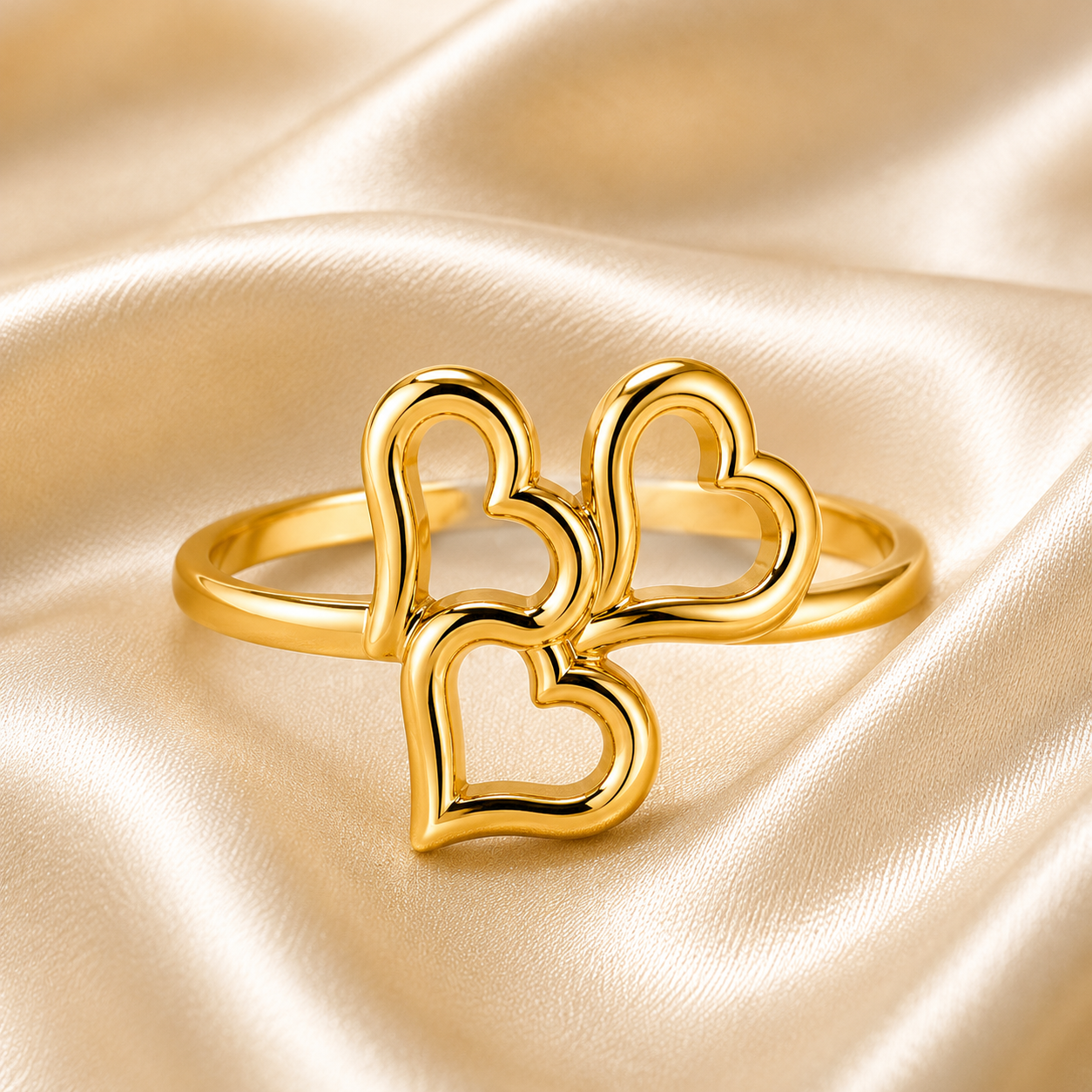 Aeza Anti Tarnish Gold Plated Triple Heart Adjustable Ring for Women | Stainless Steel Open Heart Finger Ring | Waterproof Minimalist Stackable Ring | Fashion Jewelry Gift for Girls