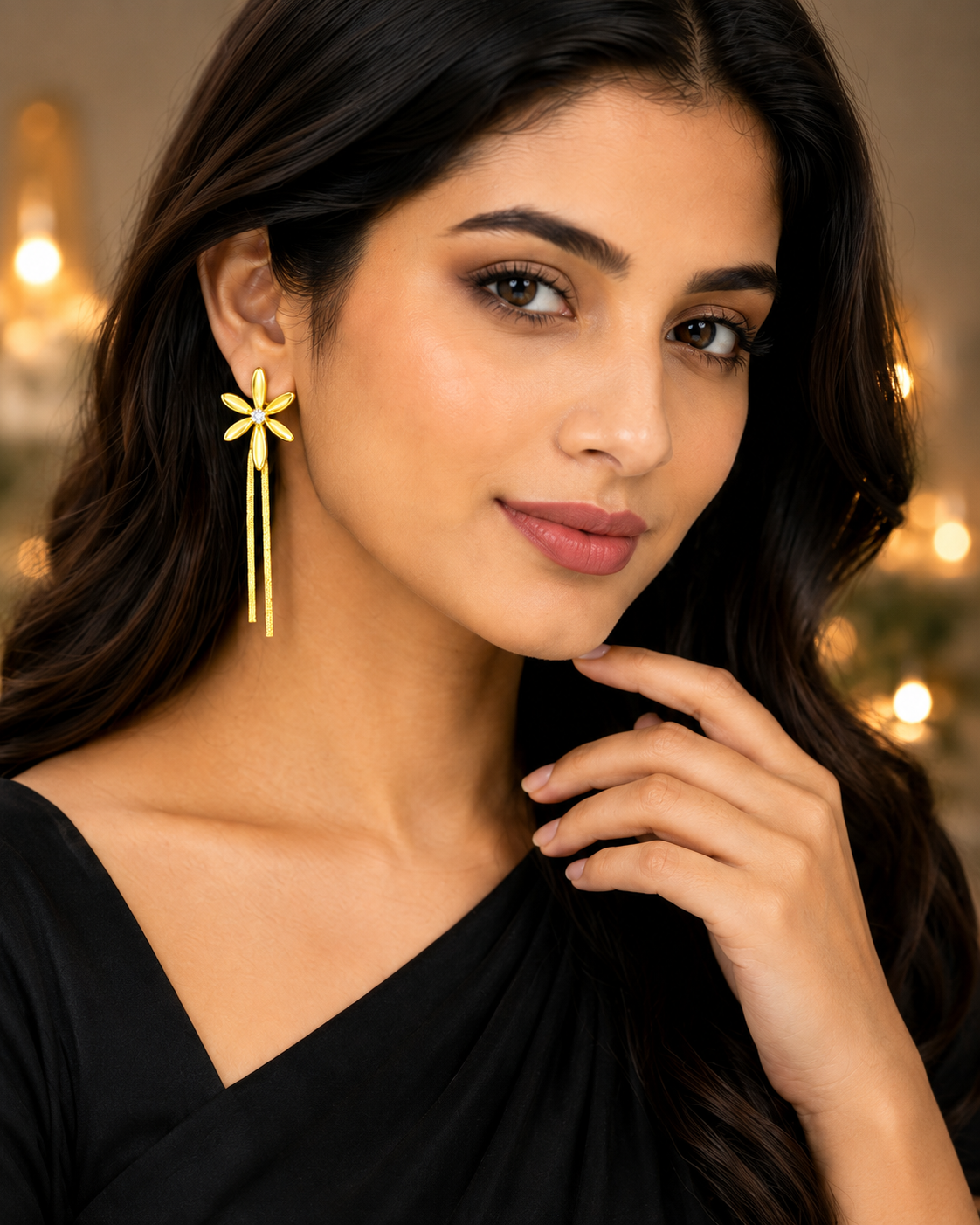 Aeza Anti Tarnish Gold Plated Flower Tassel Earrings for Women | Stainless Steel Floral Dangle Earrings | Crystal Drop Earrings | Lightweight Fashion Jewelry for Girls