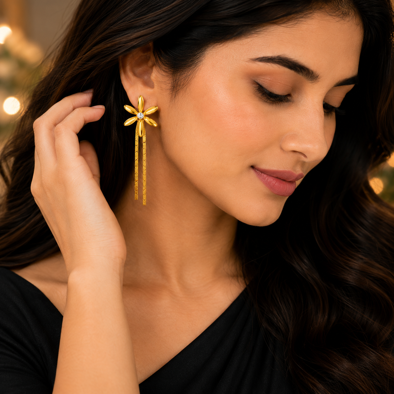 Aeza Anti Tarnish Gold Plated Flower Tassel Earrings for Women | Stainless Steel Floral Dangle Earrings | Crystal Drop Earrings | Lightweight Fashion Jewelry for Girls