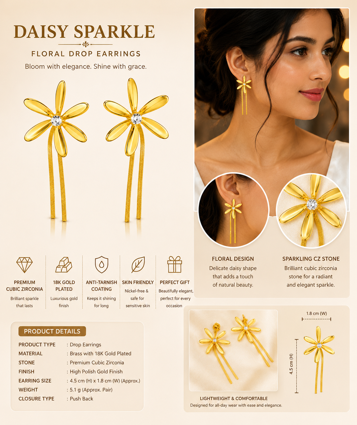 Aeza Anti Tarnish Gold Plated Flower Tassel Earrings for Women | Stainless Steel Floral Dangle Earrings | Crystal Drop Earrings | Lightweight Fashion Jewelry for Girls