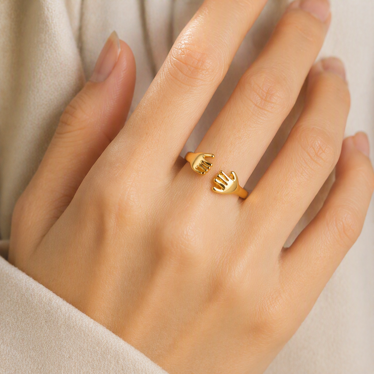 aeza Anti-Tarnish Gold Plated Adjustable Hug Hands Ring for Women – Waterproof Open Finger Ring, Minimalist Statement Jewelry, Cute Fashion Ring Gift for Girls & Women