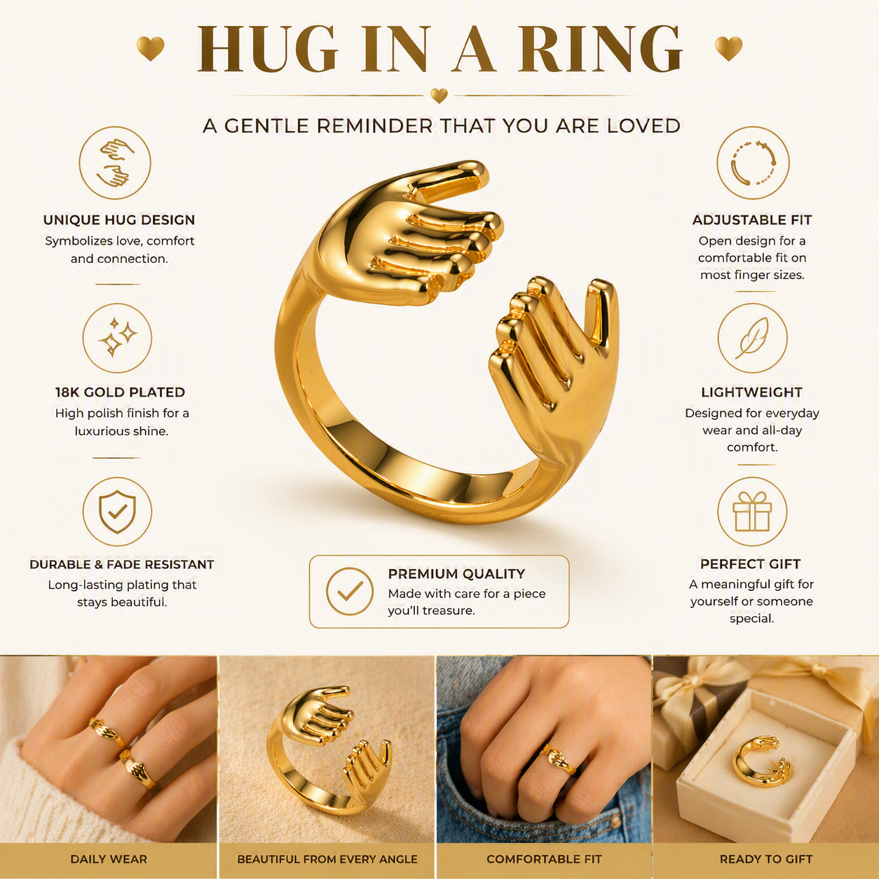 aeza Anti-Tarnish Gold Plated Adjustable Hug Hands Ring for Women – Waterproof Open Finger Ring, Minimalist Statement Jewelry, Cute Fashion Ring Gift for Girls & Women