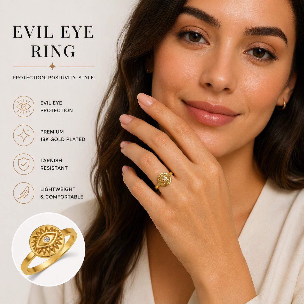 aeza Anti Tarnish Gold Evil Eye Ring for Women, Cubic Zirconia Statement Ring, Waterproof Stainless Steel Fashion Jewelry
