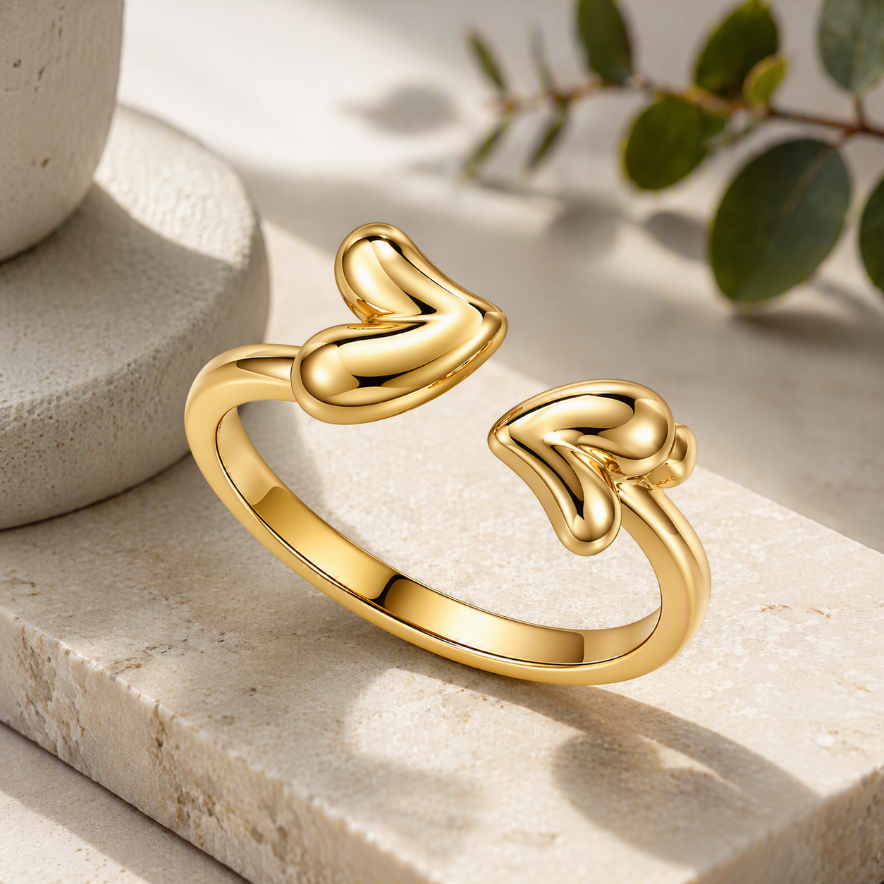 Aeza Anti Tarnish Double Heart Adjustable Ring for Women | Gold Plated Stainless Steel Open Heart Ring | Waterproof, Hypoallergenic & Fade Resistant | Minimalist Fashion Jewelry Gift for Women & Girls