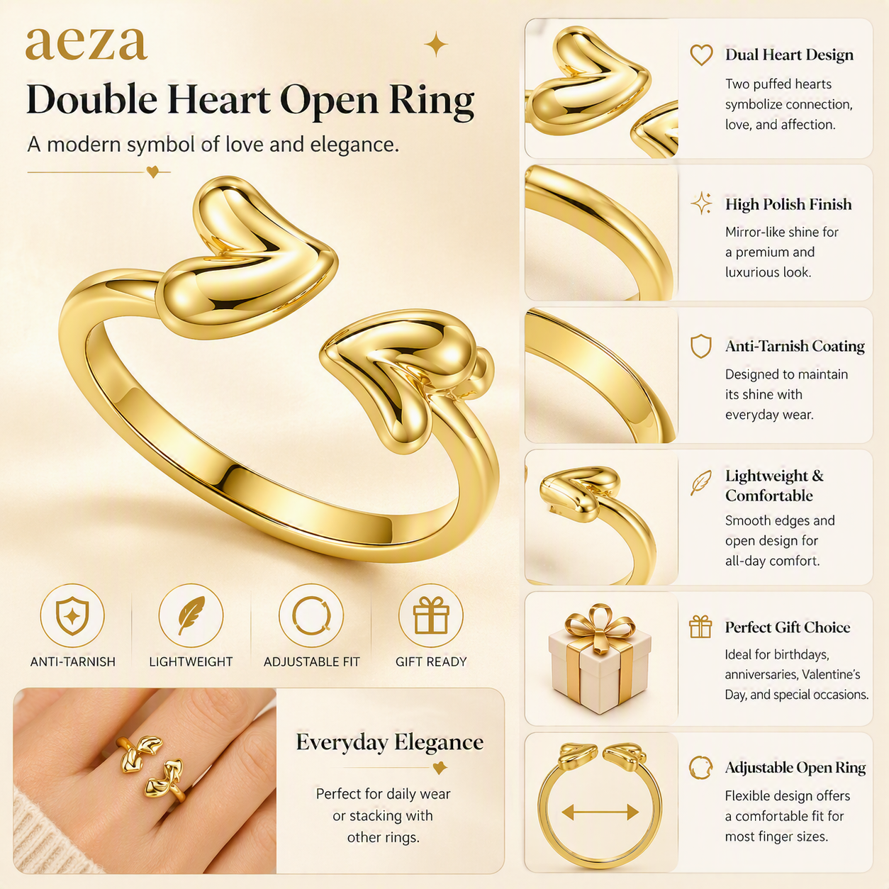 Aeza Anti Tarnish Double Heart Adjustable Ring for Women | Gold Plated Stainless Steel Open Heart Ring | Waterproof, Hypoallergenic & Fade Resistant | Minimalist Fashion Jewelry Gift for Women & Girls