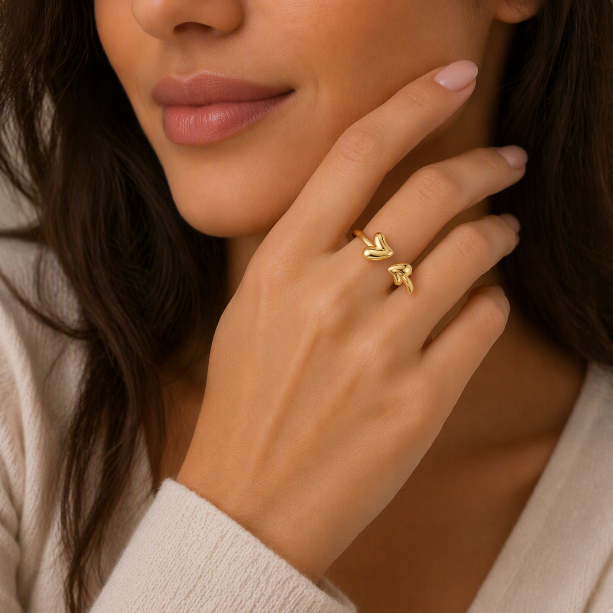 Aeza Anti Tarnish Double Heart Adjustable Ring for Women | Gold Plated Stainless Steel Open Heart Ring | Waterproof, Hypoallergenic & Fade Resistant | Minimalist Fashion Jewelry Gift for Women & Girls