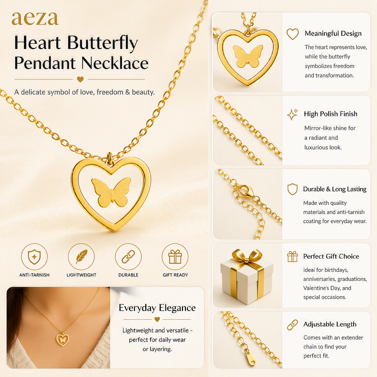 Aeza Anti Tarnish Butterfly Heart Necklace for Women | Gold Plated Stainless Steel Pendant Necklace | Waterproof, Hypoallergenic & Fade Resistant | Minimalist Jewelry Gift for Women & Girls