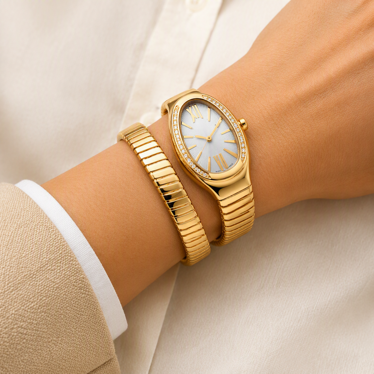 Aeza Women's Gold Tone Oval Bracelet Watch with Stretch Band, Crystal Bezel, Analog Quartz Watch, Elegant Dress Wrist Watch for Women