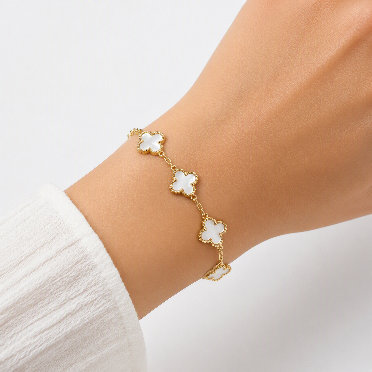 Aeza Anti Tarnish Clover Bracelet for Women | Gold Plated Stainless Steel Mother of Pearl Inspired Charm Bracelet | Waterproof, Hypoallergenic & Fade Resistant | Elegant Jewelry Gift for Women & Girls