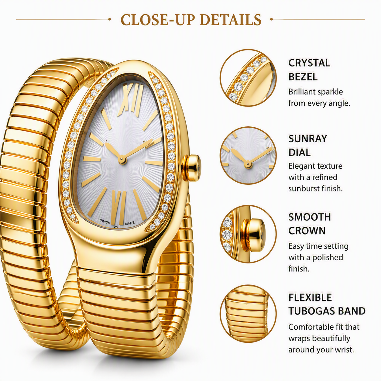 Aeza Women's Gold Tone Oval Bracelet Watch with Stretch Band, Crystal Bezel, Analog Quartz Watch, Elegant Dress Wrist Watch for Women