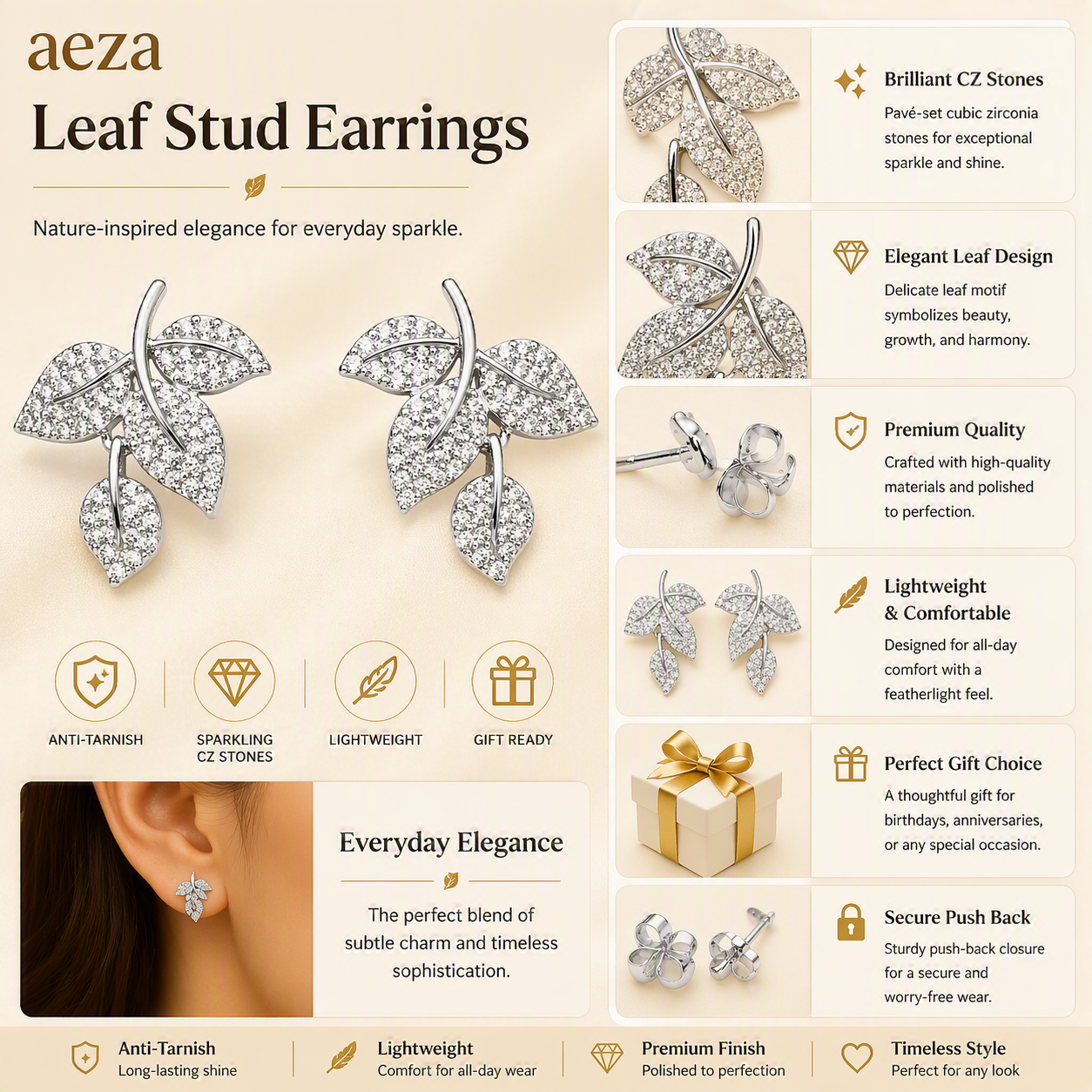 Aeza Anti Tarnish Crystal Leaf Stud Earrings for Women | Silver Plated Stainless Steel Earrings | Waterproof, Hypoallergenic & Fade Resistant | Elegant Nature-Inspired Jewelry Gift for Women & Girls