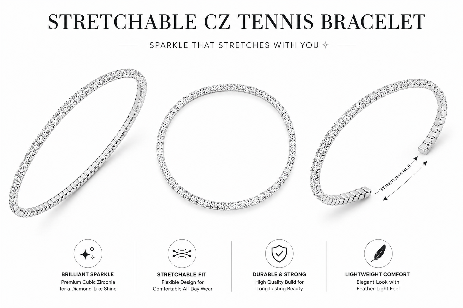 Aeza Stretchable Tennis Bracelet for Women | Sparkling Cubic Zirconia CZ Bracelet | Flexible Stretch Bracelet for Daily Wear, Party & Special Occasions