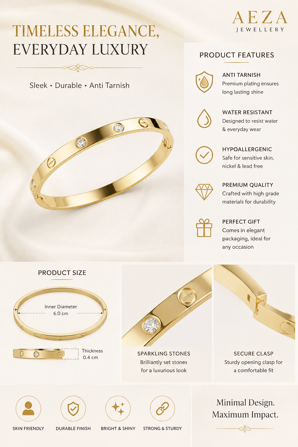 Aeza Gold Plated Screw Inspired Bangle Bracelet for Women, Minimalist Crystal Accent Cuff Bracelet, Elegant Stainless Steel Jewelry for Daily Wear, Party, Wedding & Gifting
