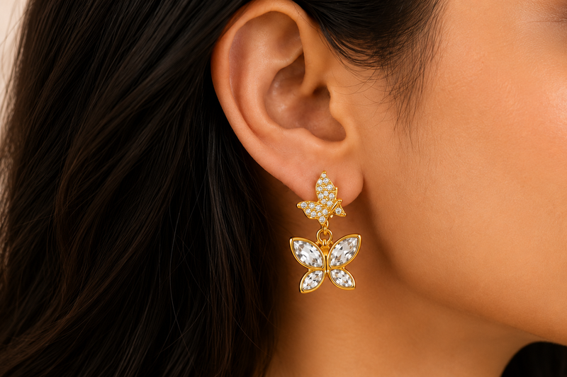 Aeza Gold Plated Butterfly Drop Earrings for Women | Crystal Butterfly Dangle Earrings | Lightweight Party, Wedding & Daily Wear Fashion Jewellery Gift for Girls