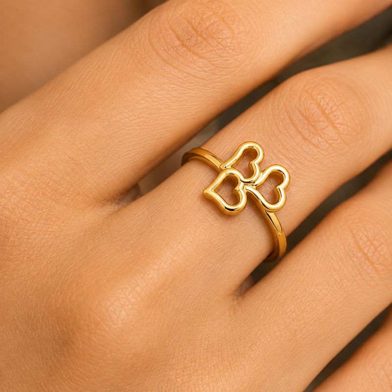 Aeza Anti Tarnish Gold Plated Triple Heart Adjustable Ring for Women | Stainless Steel Open Heart Finger Ring | Waterproof Minimalist Stackable Ring | Fashion Jewelry Gift for Girls