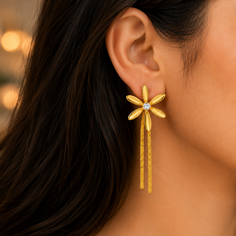 Aeza Anti Tarnish Gold Plated Flower Tassel Earrings for Women | Stainless Steel Floral Dangle Earrings | Crystal Drop Earrings | Lightweight Fashion Jewelry for Girls
