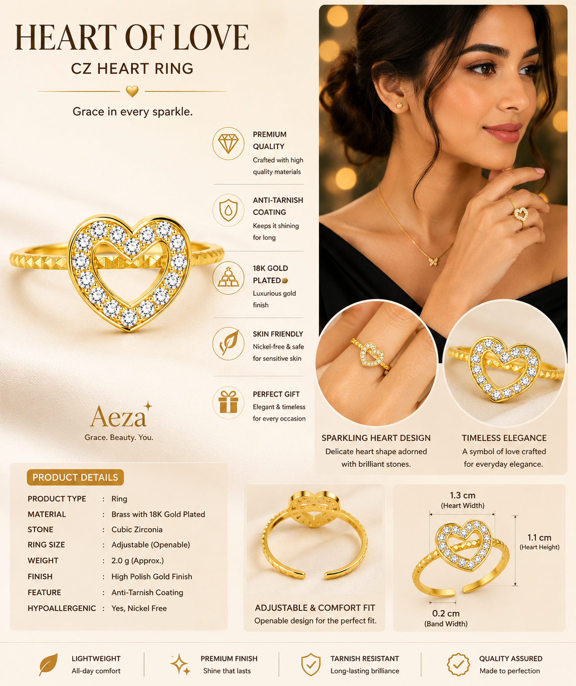 Aeza Anti Tarnish Gold Plated Heart Ring for Women | Stainless Steel Crystal Heart Finger Ring | Adjustable Minimalist Stackable Ring | Waterproof Fashion Jewelry Gift for Girls