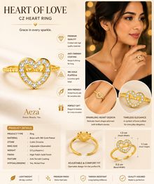 Aeza Anti Tarnish Gold Plated Heart Ring for Women | Stainless Steel Crystal Heart Finger Ring | Adjustable Minimalist Stackable Ring | Waterproof Fashion Jewelry Gift for Girls