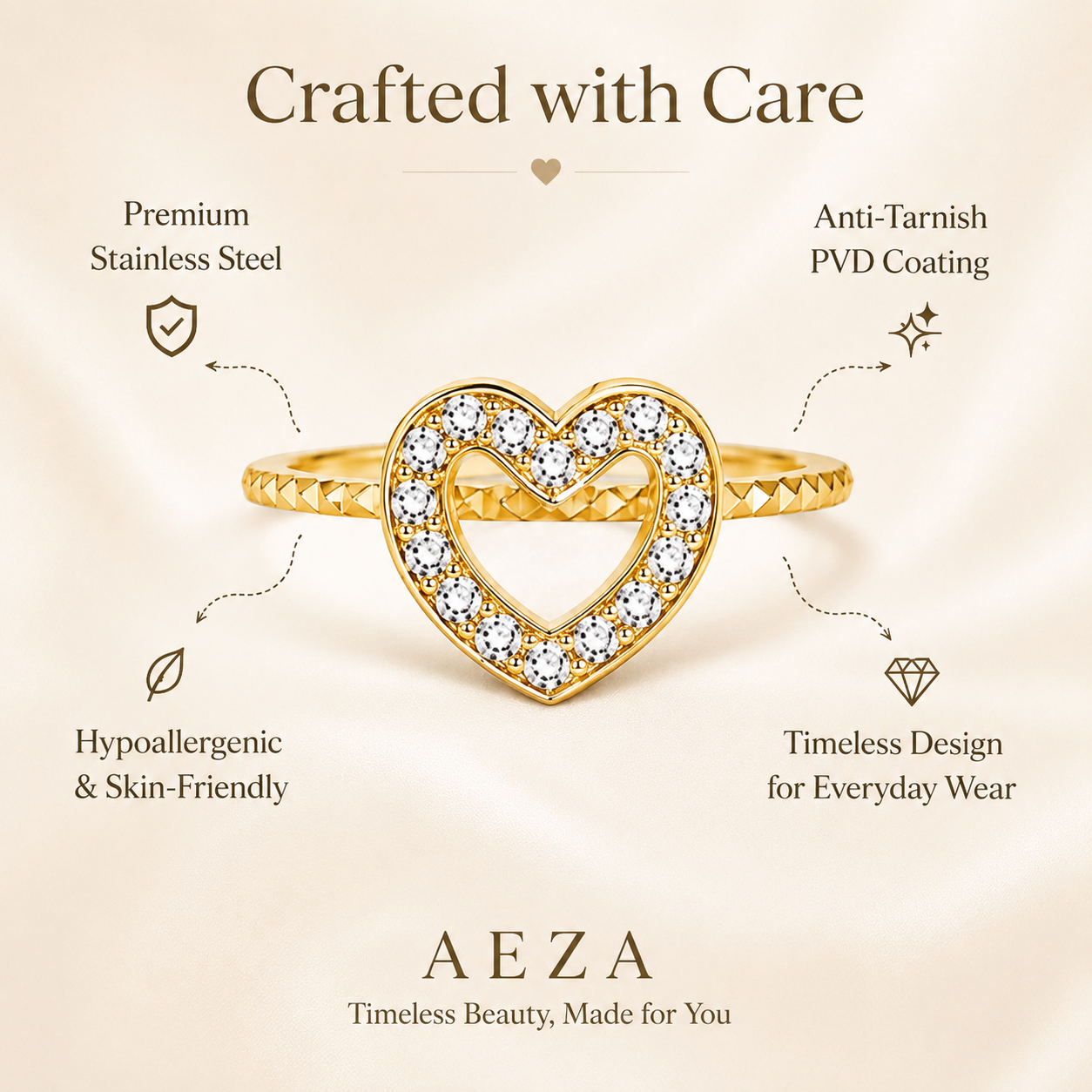 Aeza Anti Tarnish Gold Plated Heart Ring for Women | Stainless Steel Crystal Heart Finger Ring | Adjustable Minimalist Stackable Ring | Waterproof Fashion Jewelry Gift for Girls