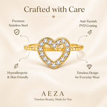 Aeza Anti Tarnish Gold Plated Heart Ring for Women | Stainless Steel Crystal Heart Finger Ring | Adjustable Minimalist Stackable Ring | Waterproof Fashion Jewelry Gift for Girls