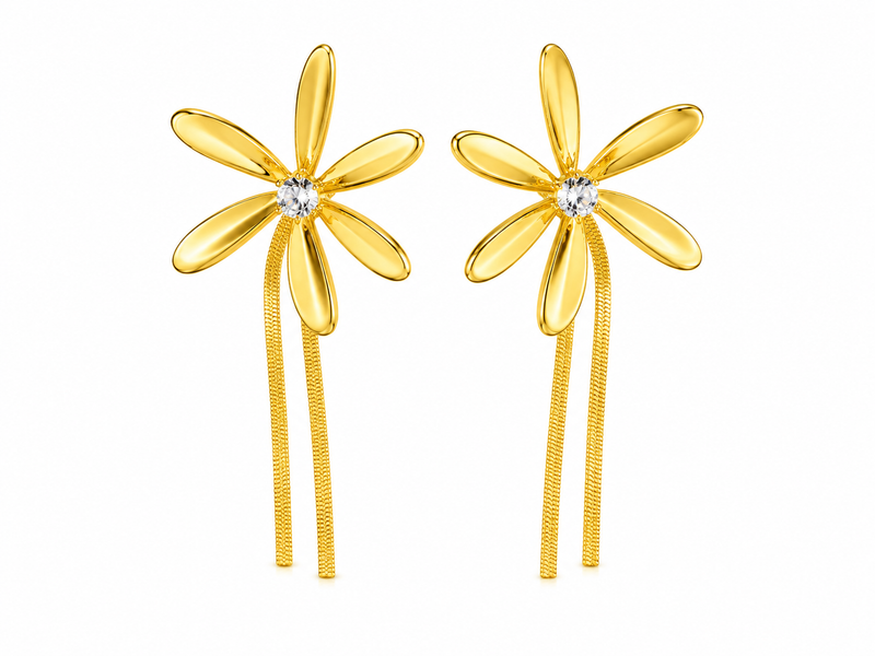 Aeza Anti Tarnish Gold Plated Flower Tassel Earrings for Women | Stainless Steel Floral Dangle Earrings | Crystal Drop Earrings | Lightweight Fashion Jewelry for Girls