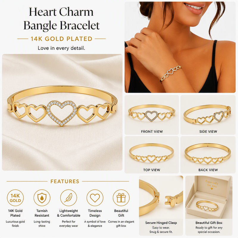 Aeza Crystal Heart Bangle Bracelet – Gold Finish