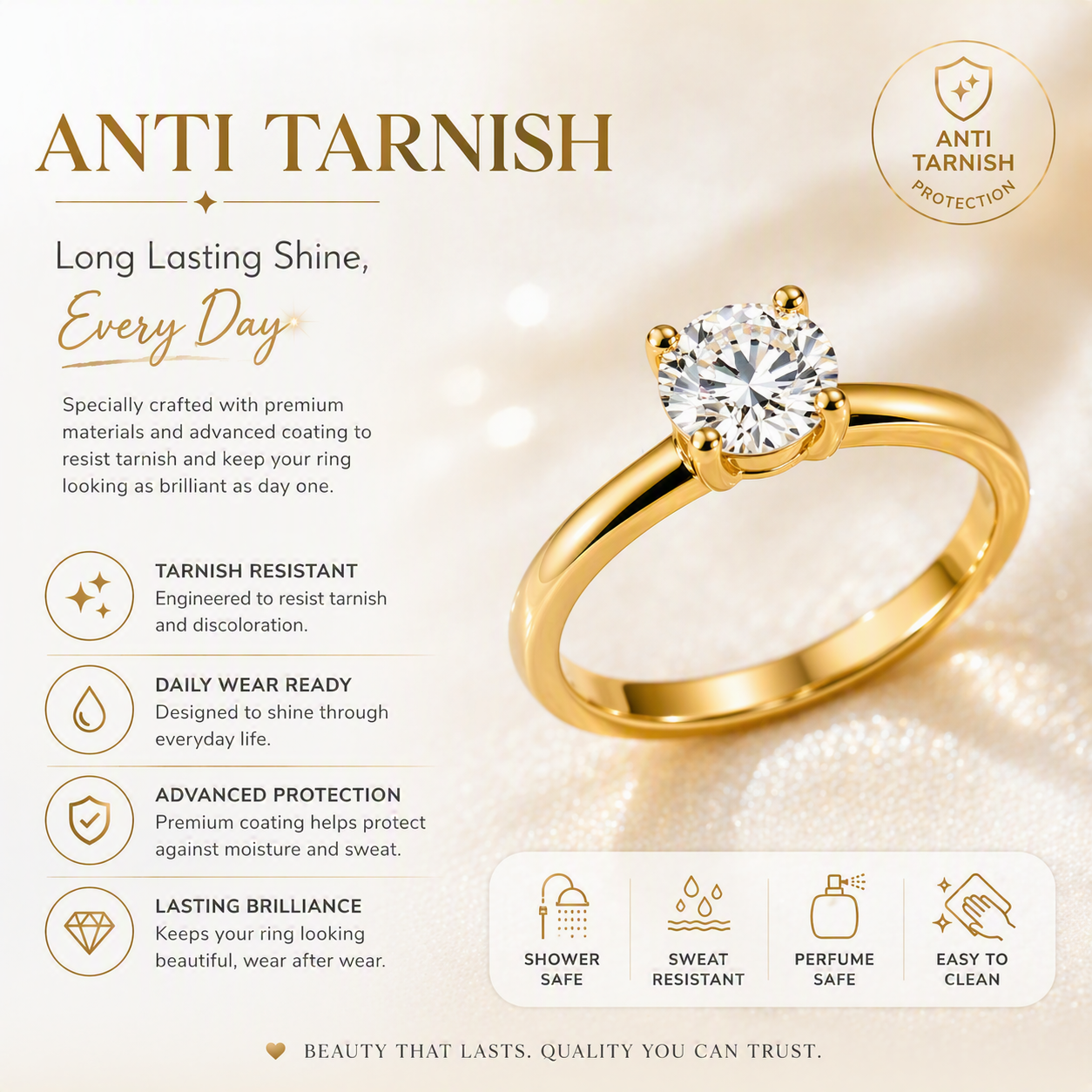 aeza Anti Tarnish Gold Plated Solitaire Ring for Women | Premium Cubic Zirconia Diamond Ring | Adjustable Stackable Promise Ring | Elegant Jewelry Gift for Women & Girls