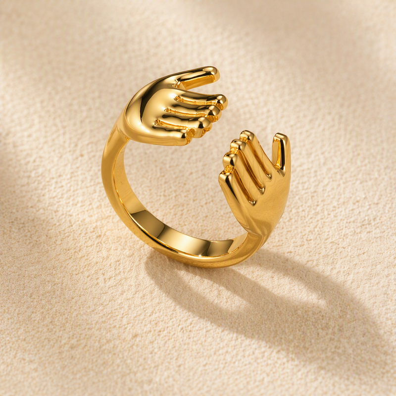 aeza Anti-Tarnish Gold Plated Adjustable Hug Hands Ring for Women – Waterproof Open Finger Ring, Minimalist Statement Jewelry, Cute Fashion Ring Gift for Girls & Women