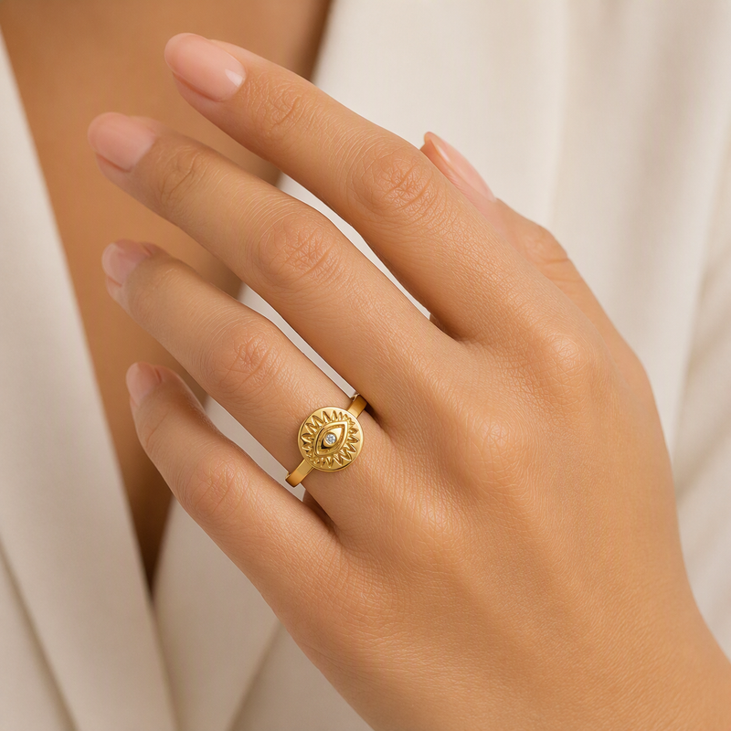 aeza Anti Tarnish Gold Evil Eye Ring for Women, Cubic Zirconia Statement Ring, Waterproof Stainless Steel Fashion Jewelry