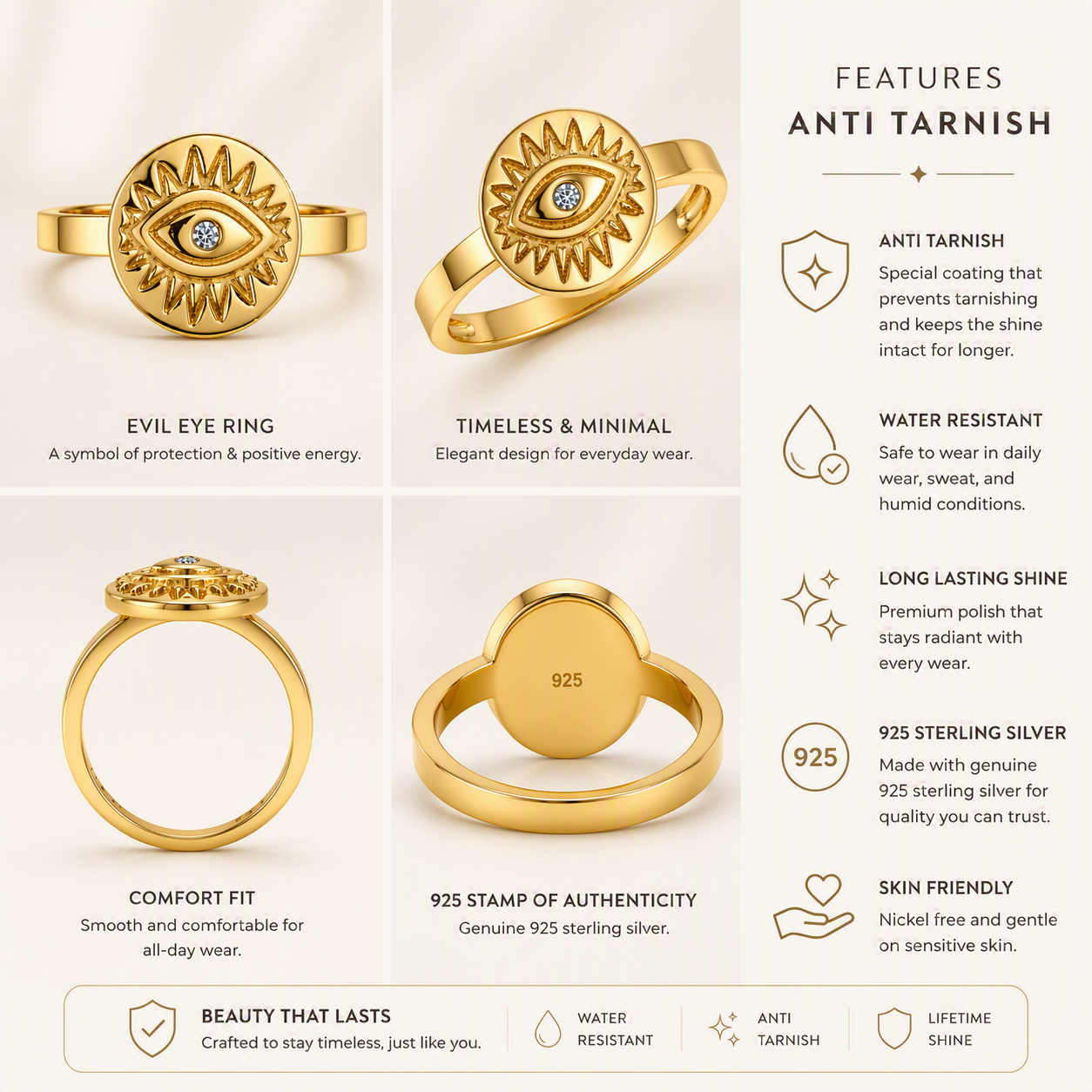 aeza Anti Tarnish Gold Evil Eye Ring for Women, Cubic Zirconia Statement Ring, Waterproof Stainless Steel Fashion Jewelry