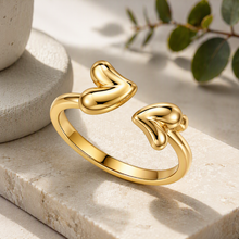 Aeza Anti Tarnish Double Heart Adjustable Ring for Women | Gold Plated Stainless Steel Open Heart Ring | Waterproof, Hypoallergenic & Fade Resistant | Minimalist Fashion Jewelry Gift for Women & Girls
