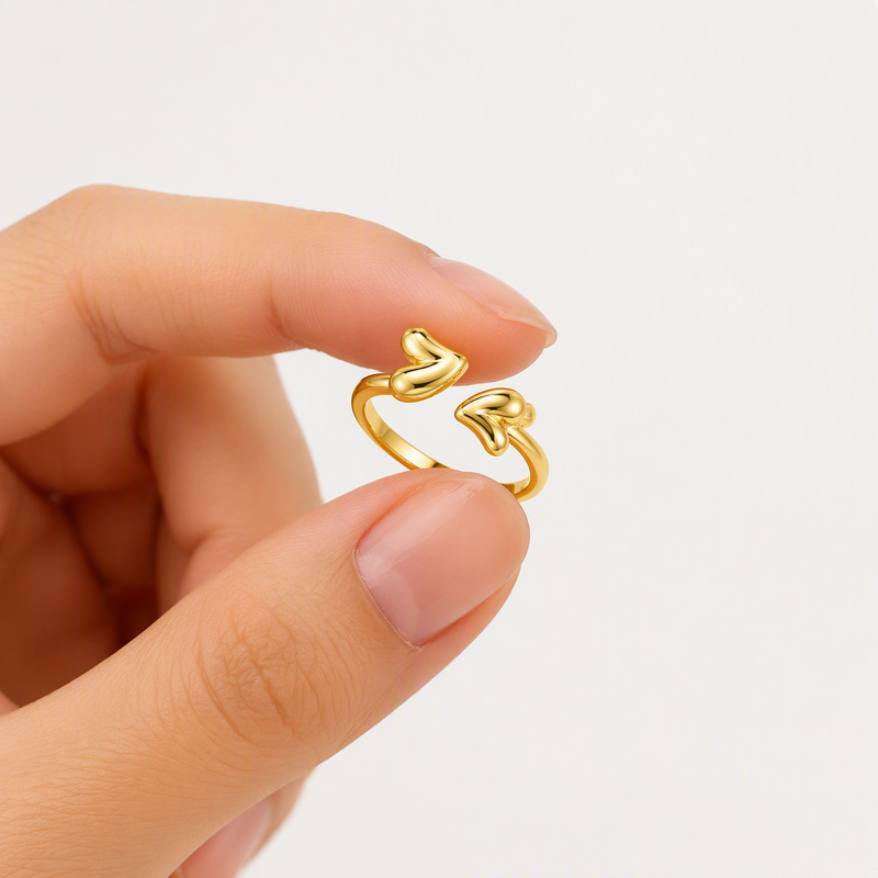 Aeza Anti Tarnish Double Heart Adjustable Ring for Women | Gold Plated Stainless Steel Open Heart Ring | Waterproof, Hypoallergenic & Fade Resistant | Minimalist Fashion Jewelry Gift for Women & Girls