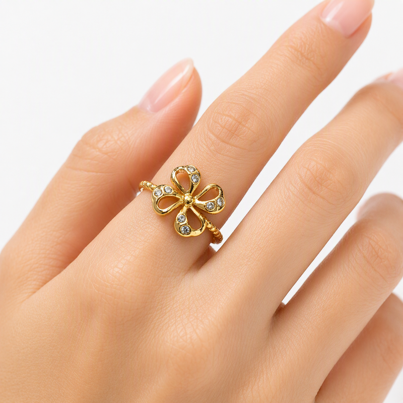 Aeza Anti Tarnish Crystal Flower Adjustable Ring for Women | Gold Plated Stainless Steel Open Ring | Waterproof, Hypoallergenic & Fade Resistant | Dainty Floral Jewelry Gift for Women & Girls