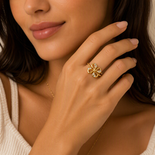 Aeza Anti Tarnish Crystal Flower Adjustable Ring for Women | Gold Plated Stainless Steel Open Ring | Waterproof, Hypoallergenic & Fade Resistant | Dainty Floral Jewelry Gift for Women & Girls