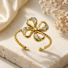 Aeza Anti Tarnish Crystal Flower Adjustable Ring for Women | Gold Plated Stainless Steel Open Ring | Waterproof, Hypoallergenic & Fade Resistant | Dainty Floral Jewelry Gift for Women & Girls