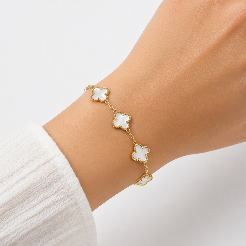 Aeza Anti Tarnish Clover Bracelet for Women | Gold Plated Stainless Steel Mother of Pearl Inspired Charm Bracelet | Waterproof, Hypoallergenic & Fade Resistant | Elegant Jewelry Gift for Women & Girls