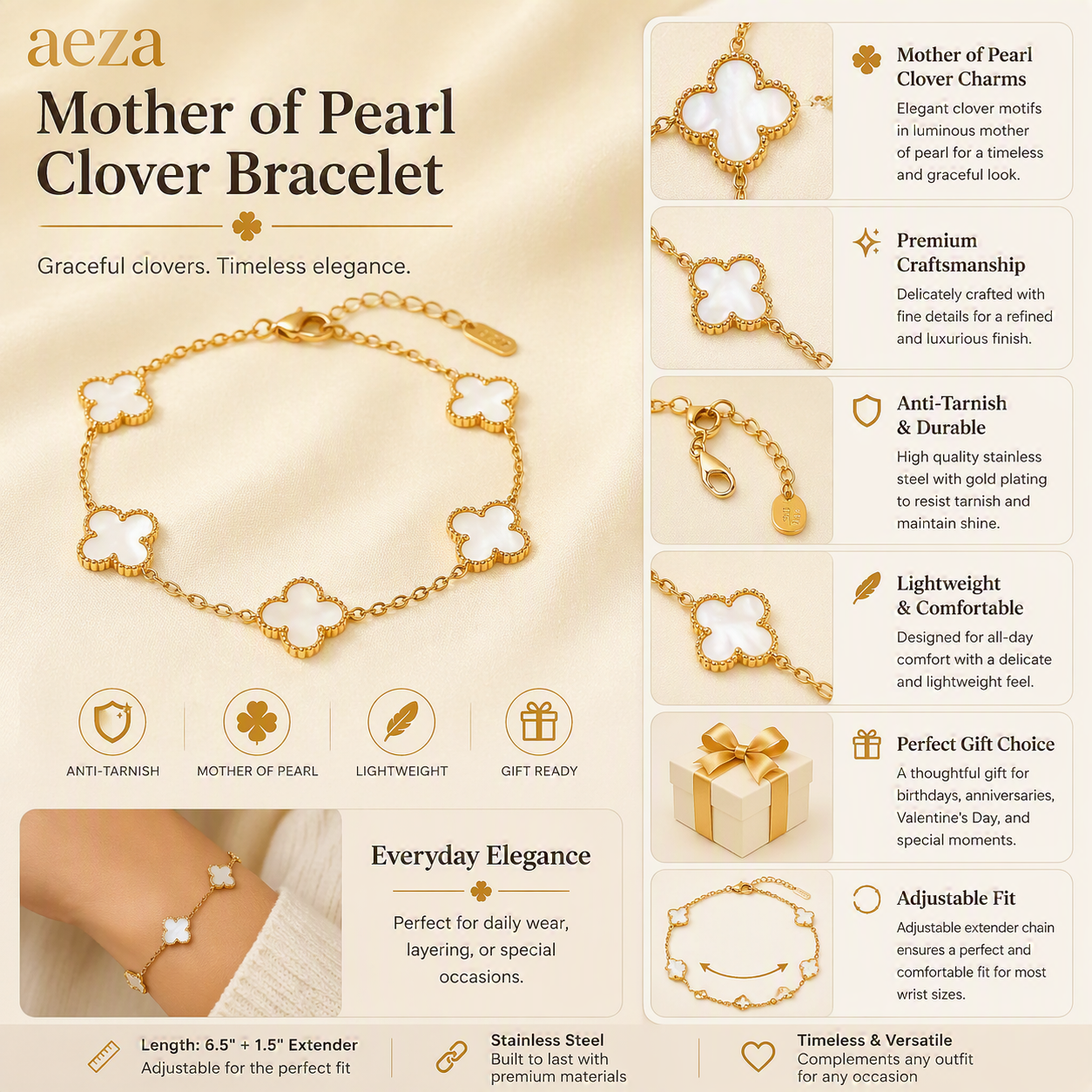 Aeza Anti Tarnish Clover Bracelet for Women | Gold Plated Stainless Steel Mother of Pearl Inspired Charm Bracelet | Waterproof, Hypoallergenic & Fade Resistant | Elegant Jewelry Gift for Women & Girls