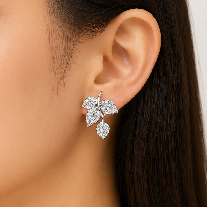 Aeza Anti Tarnish Crystal Leaf Stud Earrings for Women | Silver Plated Stainless Steel Earrings | Waterproof, Hypoallergenic & Fade Resistant | Elegant Nature-Inspired Jewelry Gift for Women & Girls