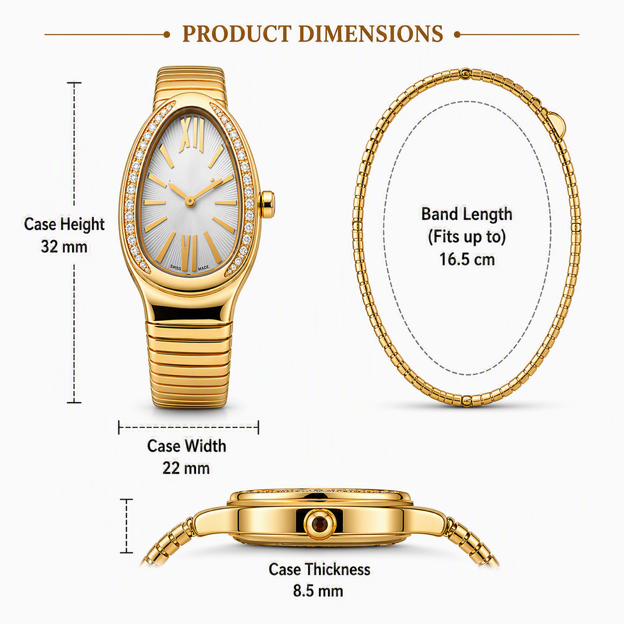 Aeza Women's Gold Tone Oval Bracelet Watch with Stretch Band, Crystal Bezel, Analog Quartz Watch, Elegant Dress Wrist Watch for Women