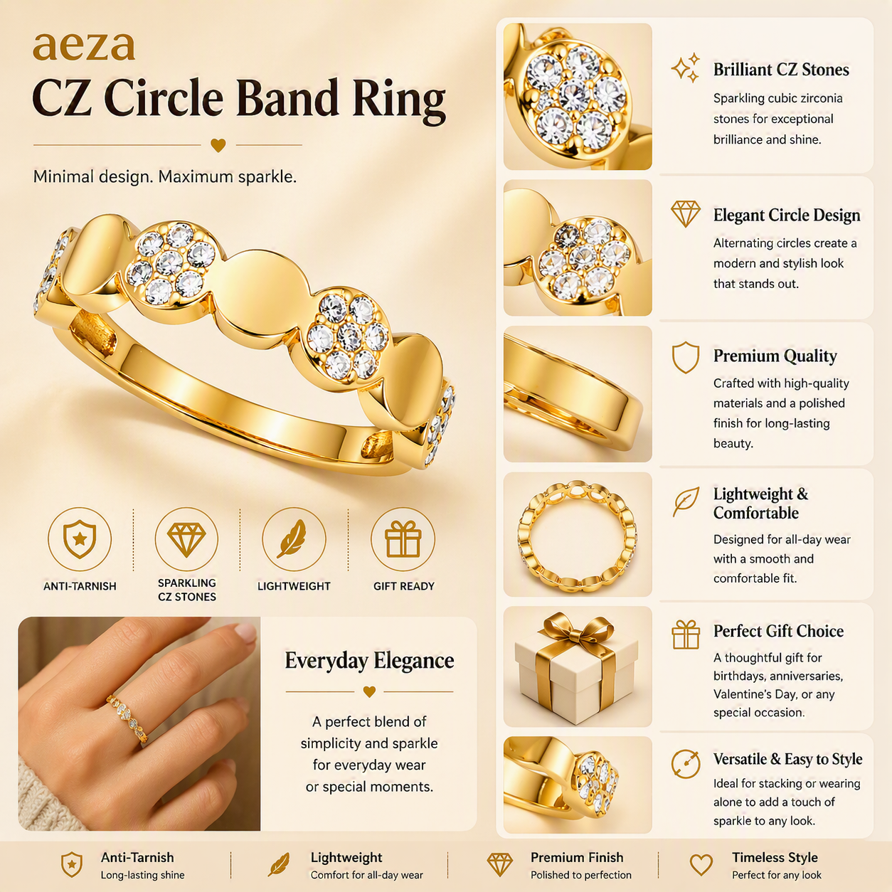 Aeza Anti Tarnish Crystal Heart Ring for Women | Gold Plated Stainless Steel Heart Band Ring | Waterproof, Hypoallergenic & Fade Resistant | Elegant Love-Themed Jewelry Gift for Women & Girls